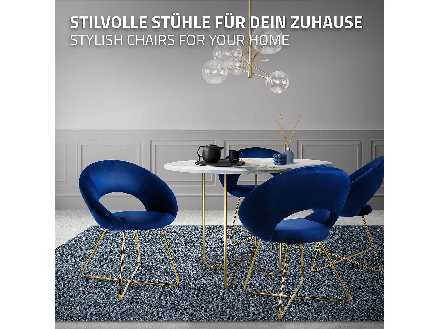 Chaise de salle à manger en velours avec dossier rond bleu pieds en métal doré