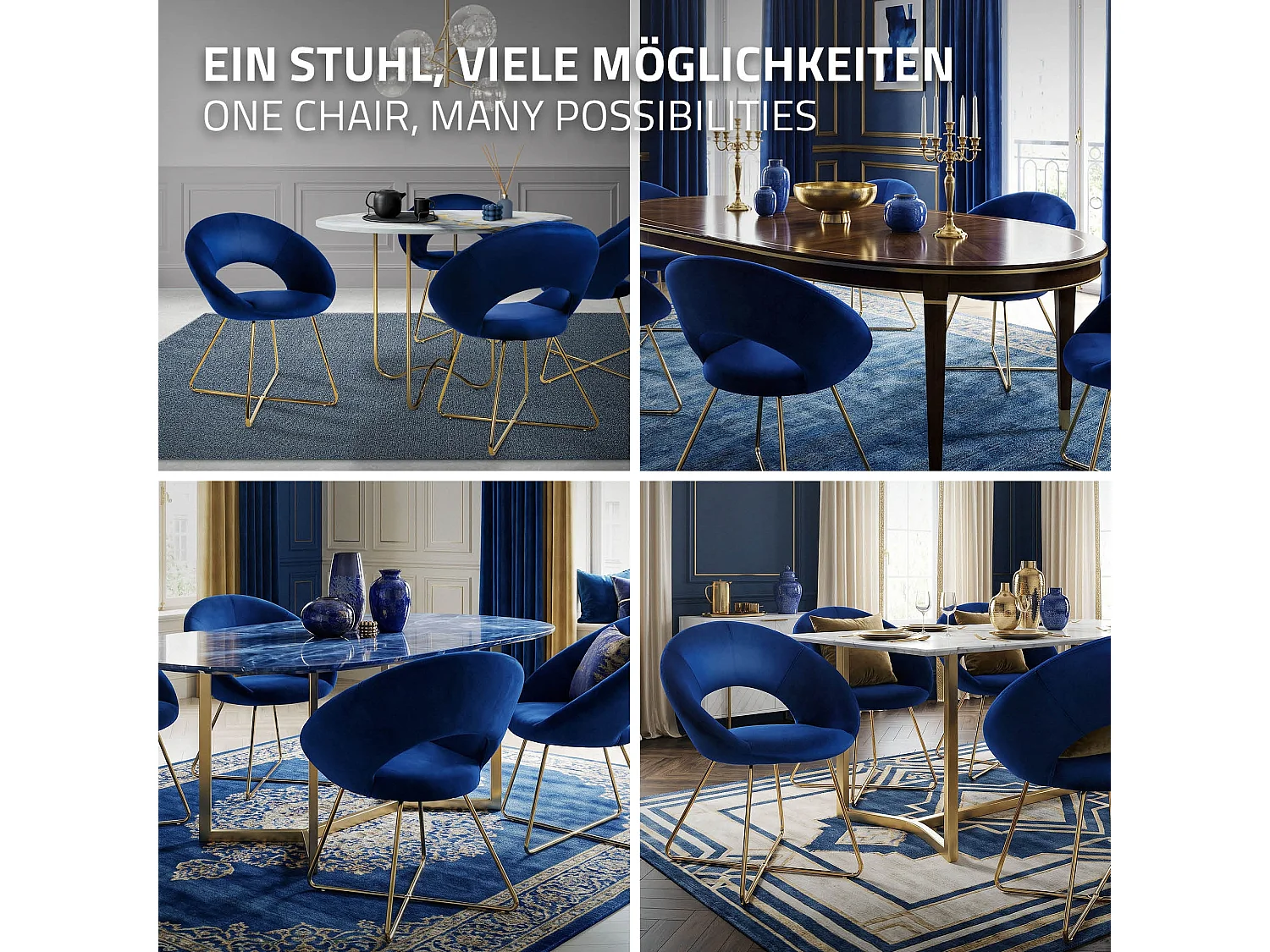 Chaise de salle à manger en velours avec dossier rond bleu pieds en métal doré