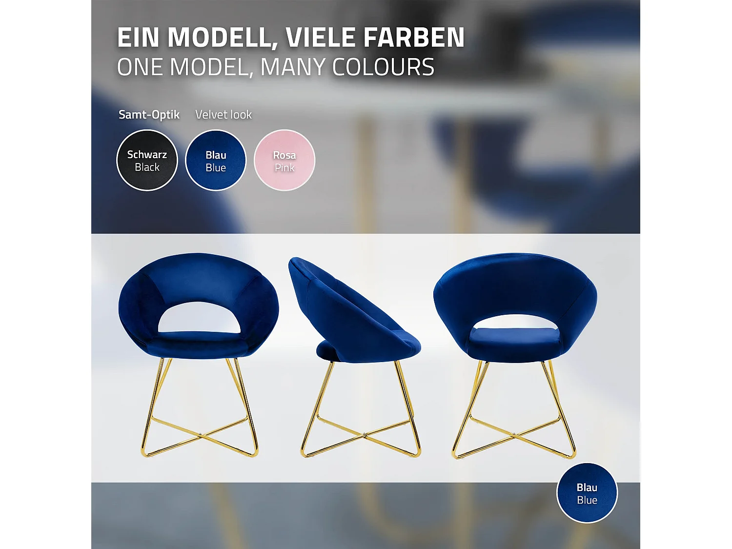 Chaise de salle à manger en velours avec dossier rond bleu pieds en métal doré
