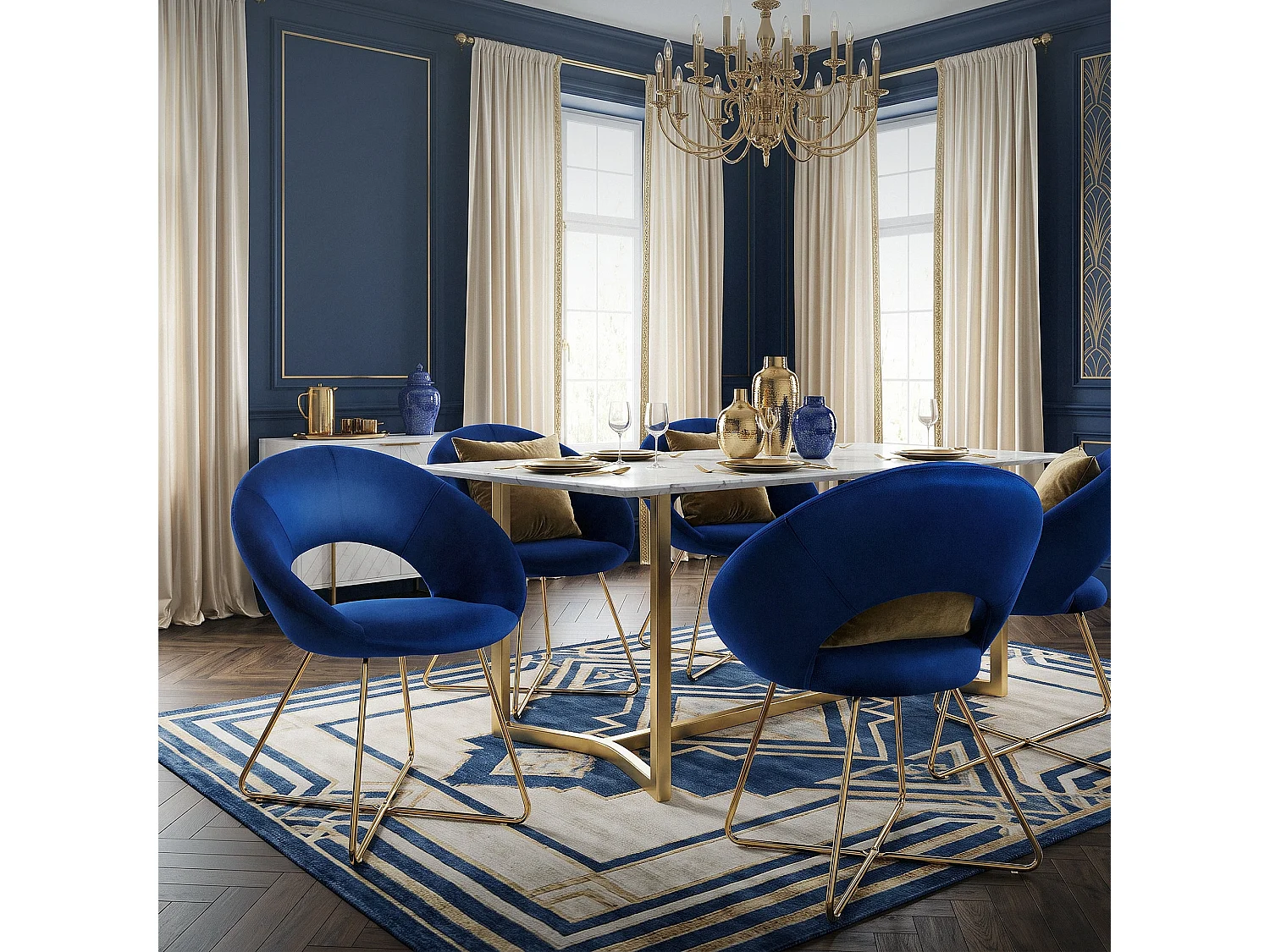 Chaise de salle à manger en velours avec dossier rond bleu pieds en métal doré