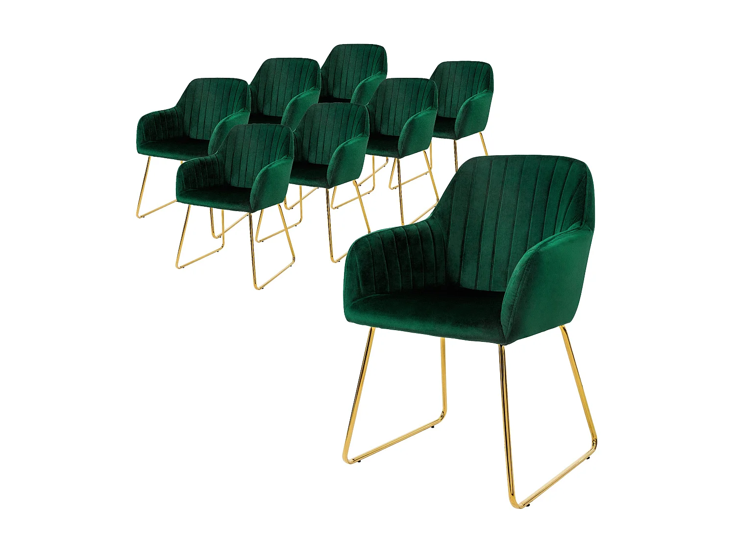 Lot de 8 chaises de salle à manger vert assise en velours pieds dorés en métal