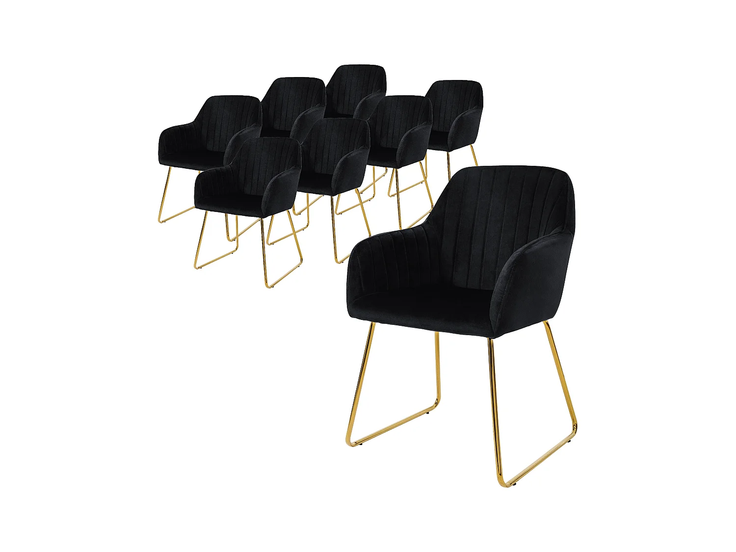 Lot de 8 chaises de salle à manger noir assise en velours pieds dorés en métal