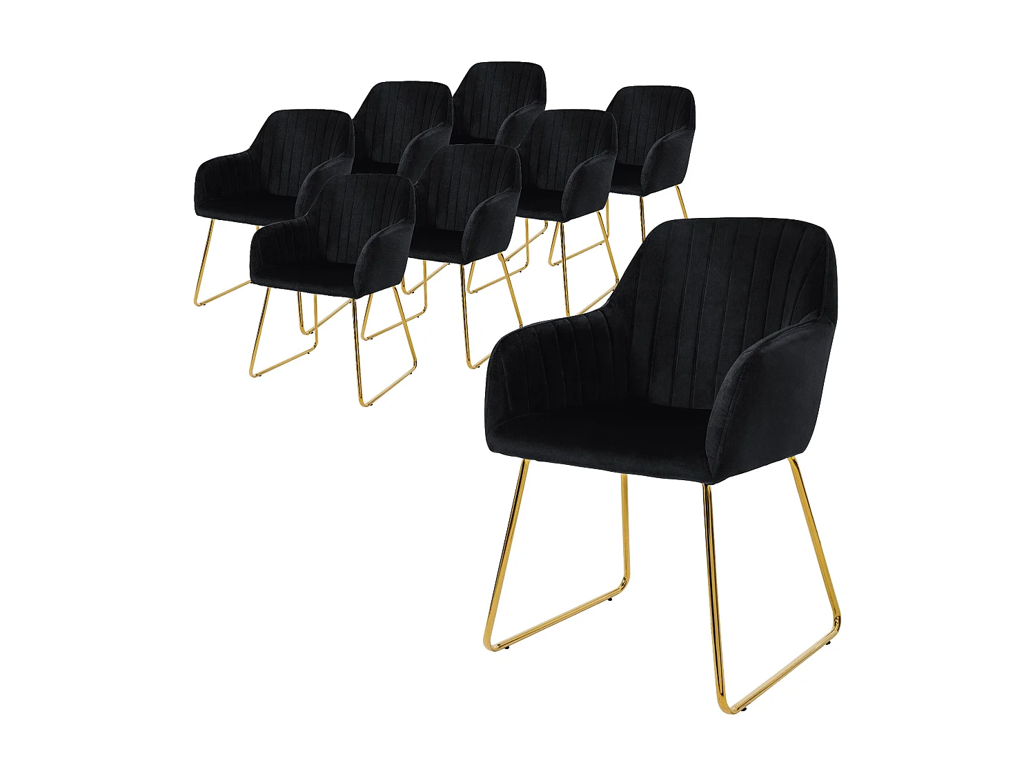 Lot de 8 chaises de salle à manger noir assise en velours pieds dorés en métal