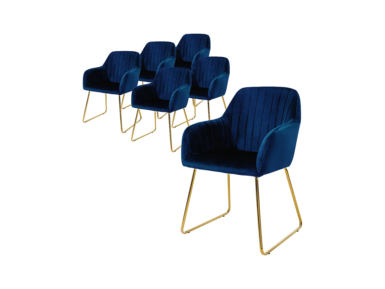 Lot de 6 chaises de salle à manger bleu assise en velours pieds dorés en métal
