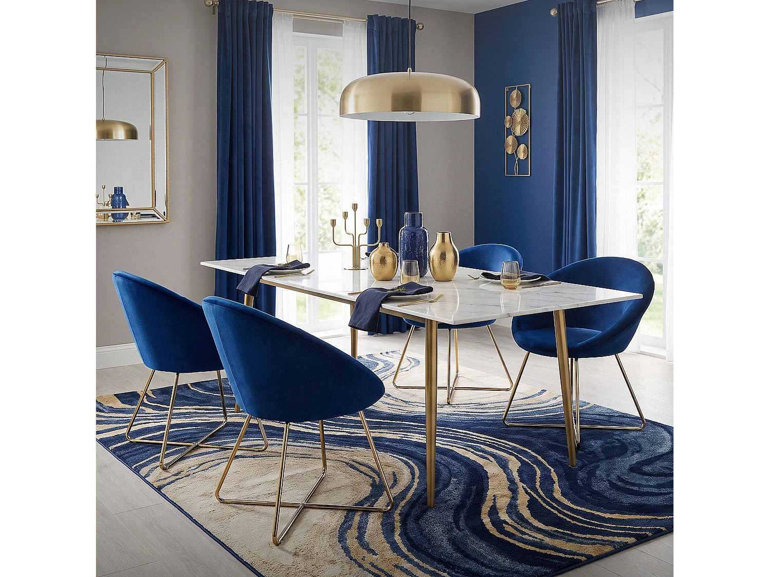 ML-Design Sedia per sala da pranzo blu in velluto sedie con schienale rotondo poltroncina imbottita con gambe dorate da cucina per soggiorno salotto