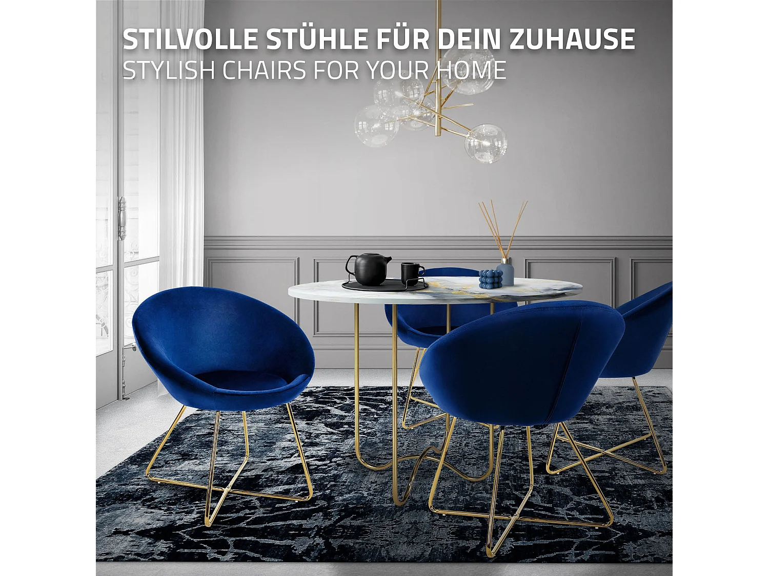 ML-Design Sedia per sala da pranzo blu in velluto sedie con schienale rotondo poltroncina imbottita con gambe dorate da cucina per soggiorno salotto