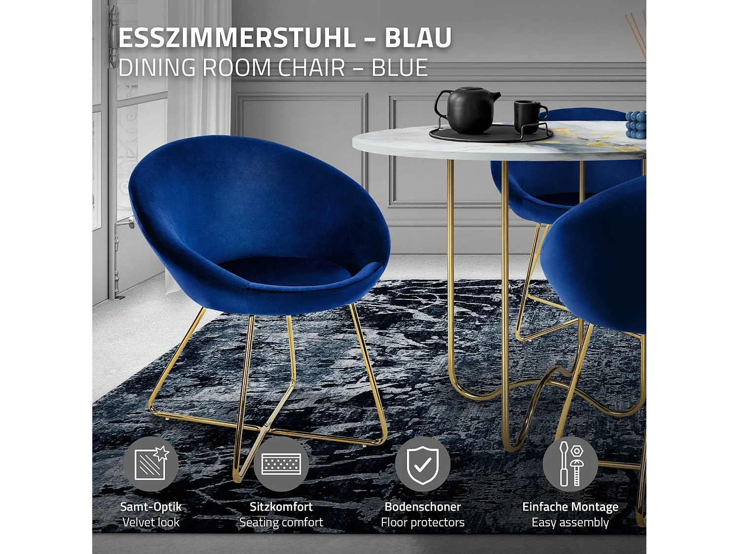 ML-Design Sedia per sala da pranzo blu in velluto sedie con schienale rotondo poltroncina imbottita con gambe dorate da cucina per soggiorno salotto