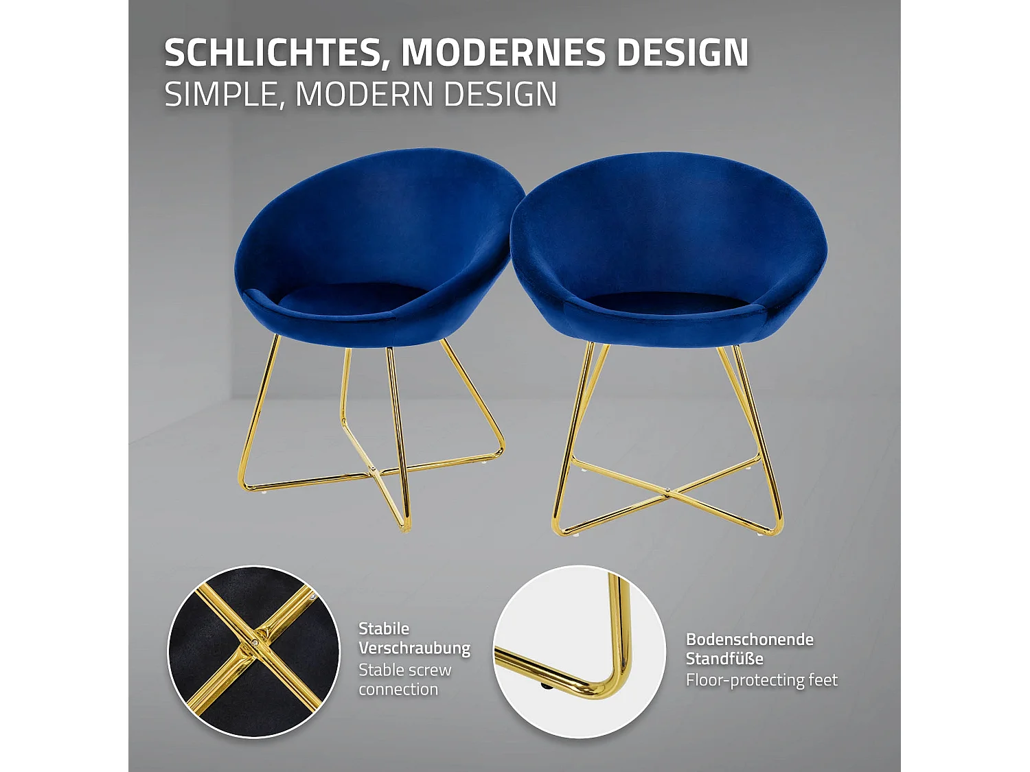 ML-Design Sedia per sala da pranzo blu in velluto sedie con schienale rotondo poltroncina imbottita con gambe dorate da cucina per soggiorno salotto