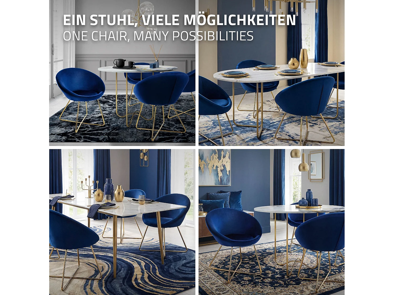 ML-Design Sedia per sala da pranzo blu in velluto sedie con schienale rotondo poltroncina imbottita con gambe dorate da cucina per soggiorno salotto
