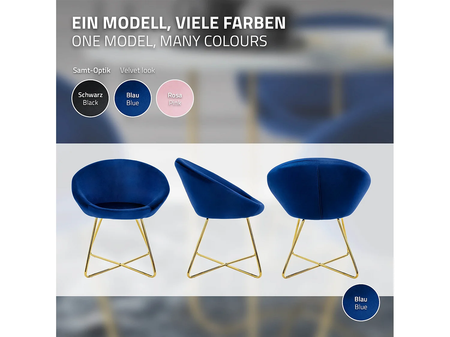 ML-Design Sedia per sala da pranzo blu in velluto sedie con schienale rotondo poltroncina imbottita con gambe dorate da cucina per soggiorno salotto