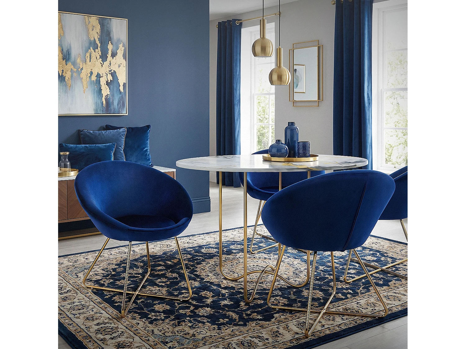 ML-Design Sedia per sala da pranzo blu in velluto sedie con schienale rotondo poltroncina imbottita con gambe dorate da cucina per soggiorno salotto