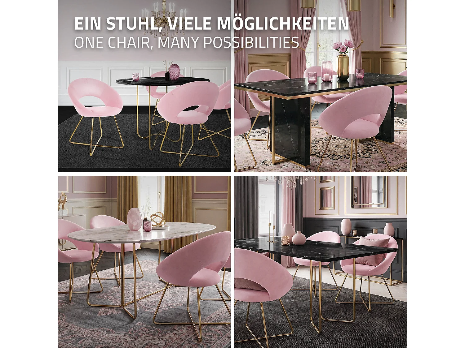 Chaise de salle à manger en velours avec dossier rond rose pieds en métal doré