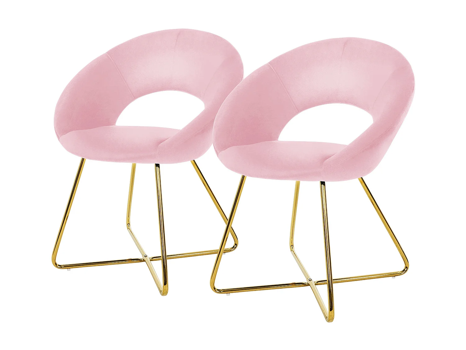 2x Chaise de salle à manger en velours avec dossier rond rose pieds métal doré