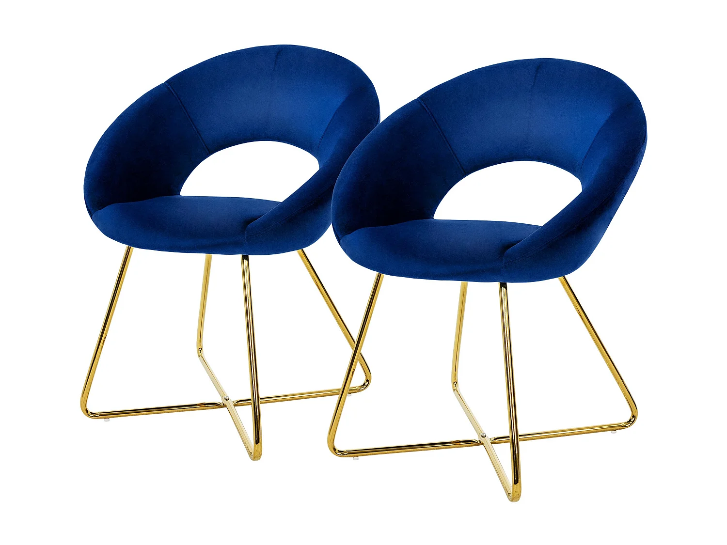 2x Chaise de salle à manger en velours avec dossier rond bleu pieds métal doré