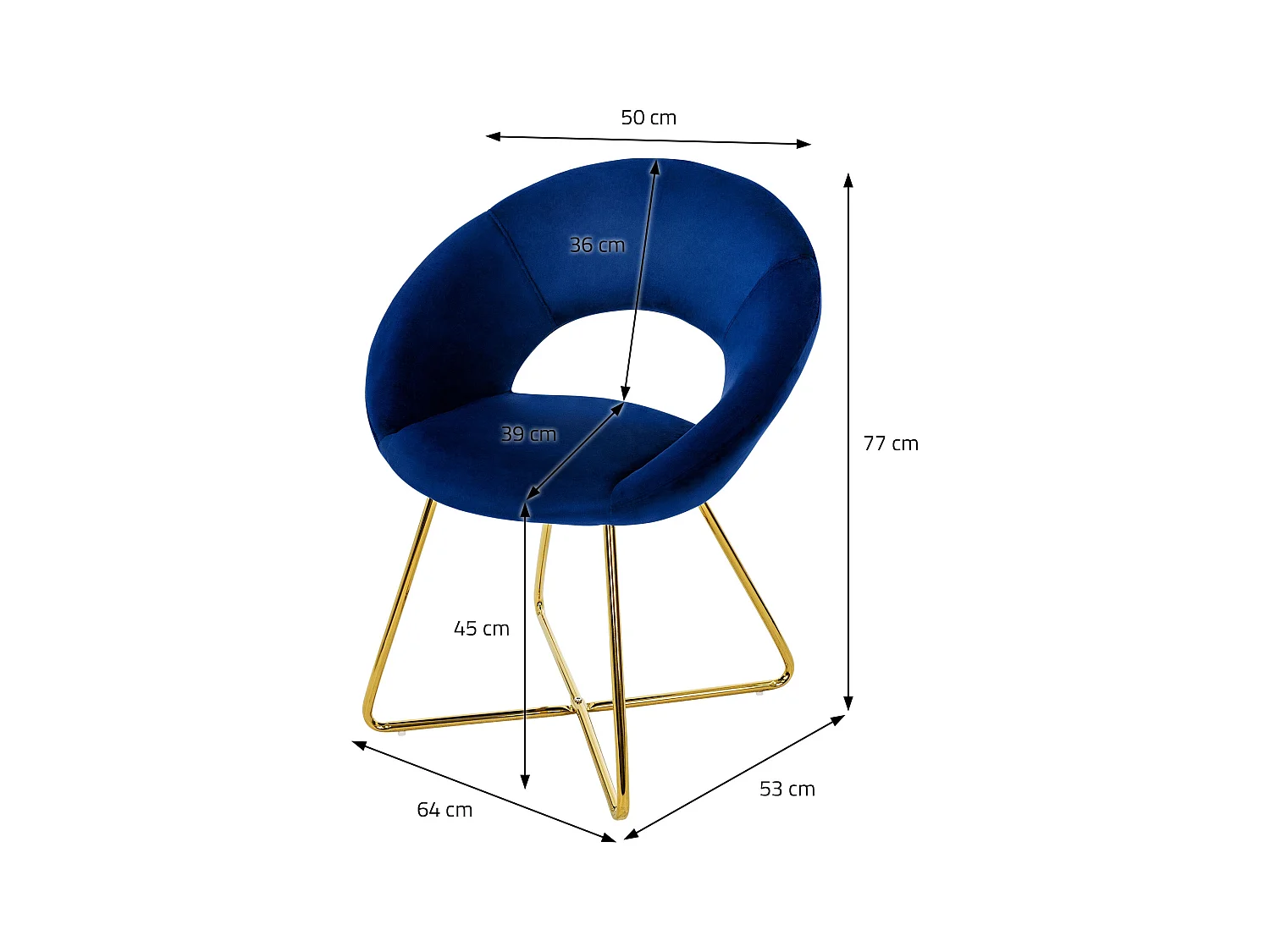 2x Chaise de salle à manger en velours avec dossier rond bleu pieds métal doré