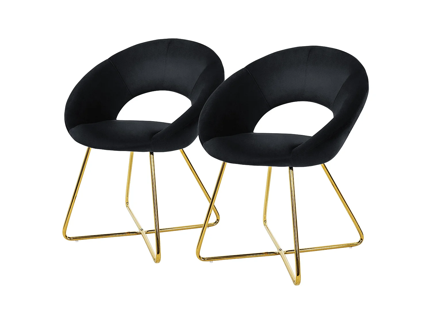 2x Chaise de salle à manger en velours avec dossier rond noir pieds métal doré