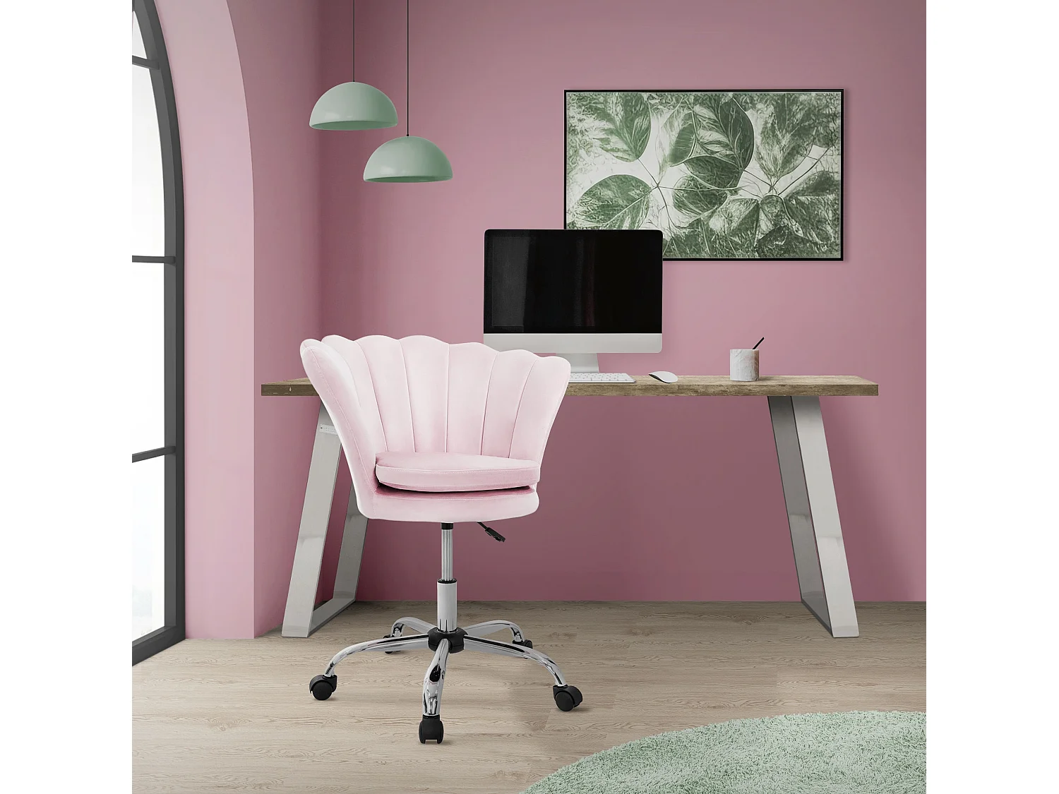 Chaise de bureau rose clair sur roulettes doubles dossier en forme de coquille revêtement en velours doux ergonomique avec coussin d'assise amovible
