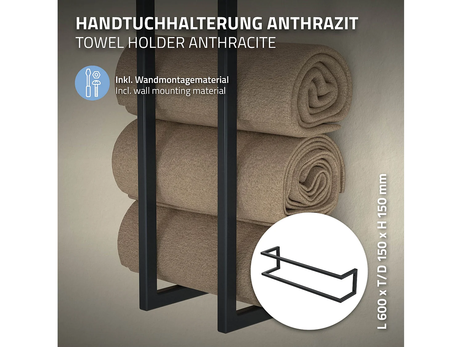 Porte-serviettes support mural salle de bain cuisine 15x15x60cm anthracite acier