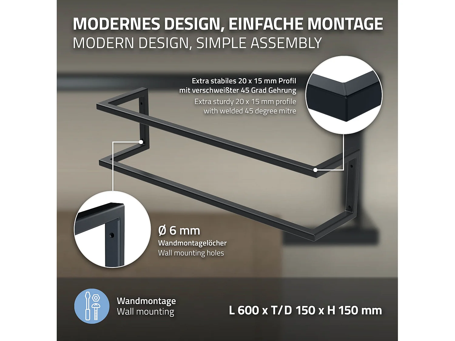 Porte-serviettes support mural salle de bain cuisine 15x15x60cm anthracite acier