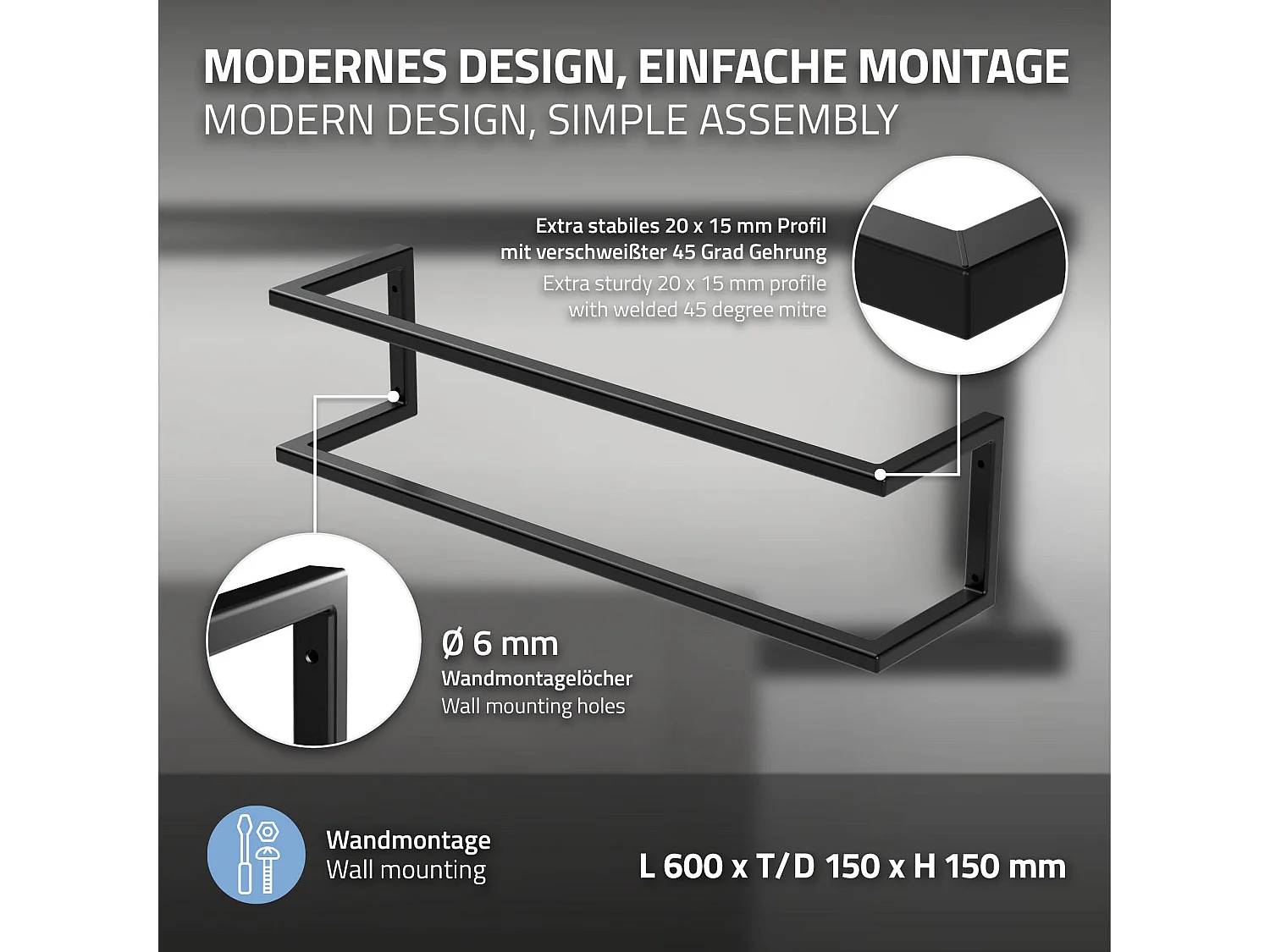 Porte-serviettes support mural pour salle de bain cuisine 15x15x60 cm noir acier
