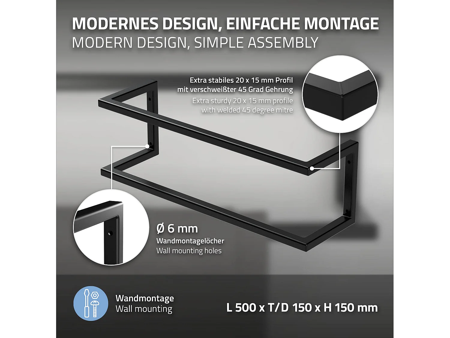 Portasciugamani con montaggio a parete supporto asciugamani acciaio nero 15x50cm