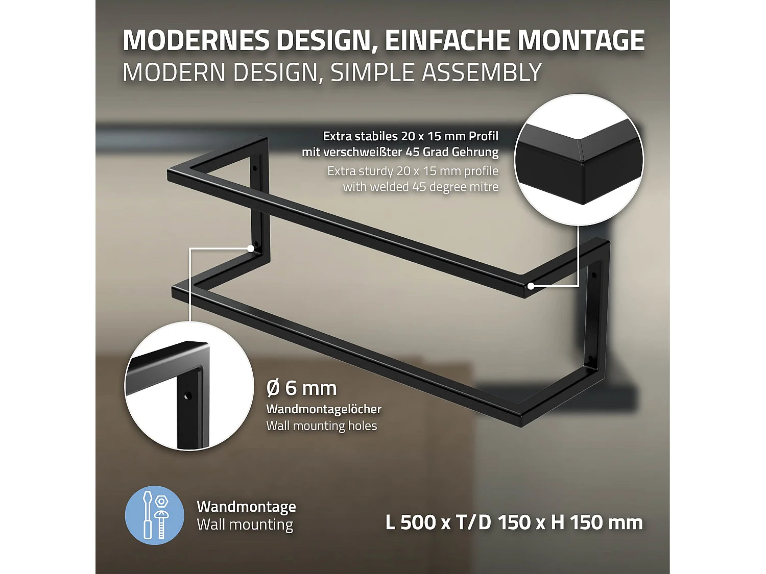 Porte-serviettes support mural salle de bain cuisine 15x15x50cm anthracite acier