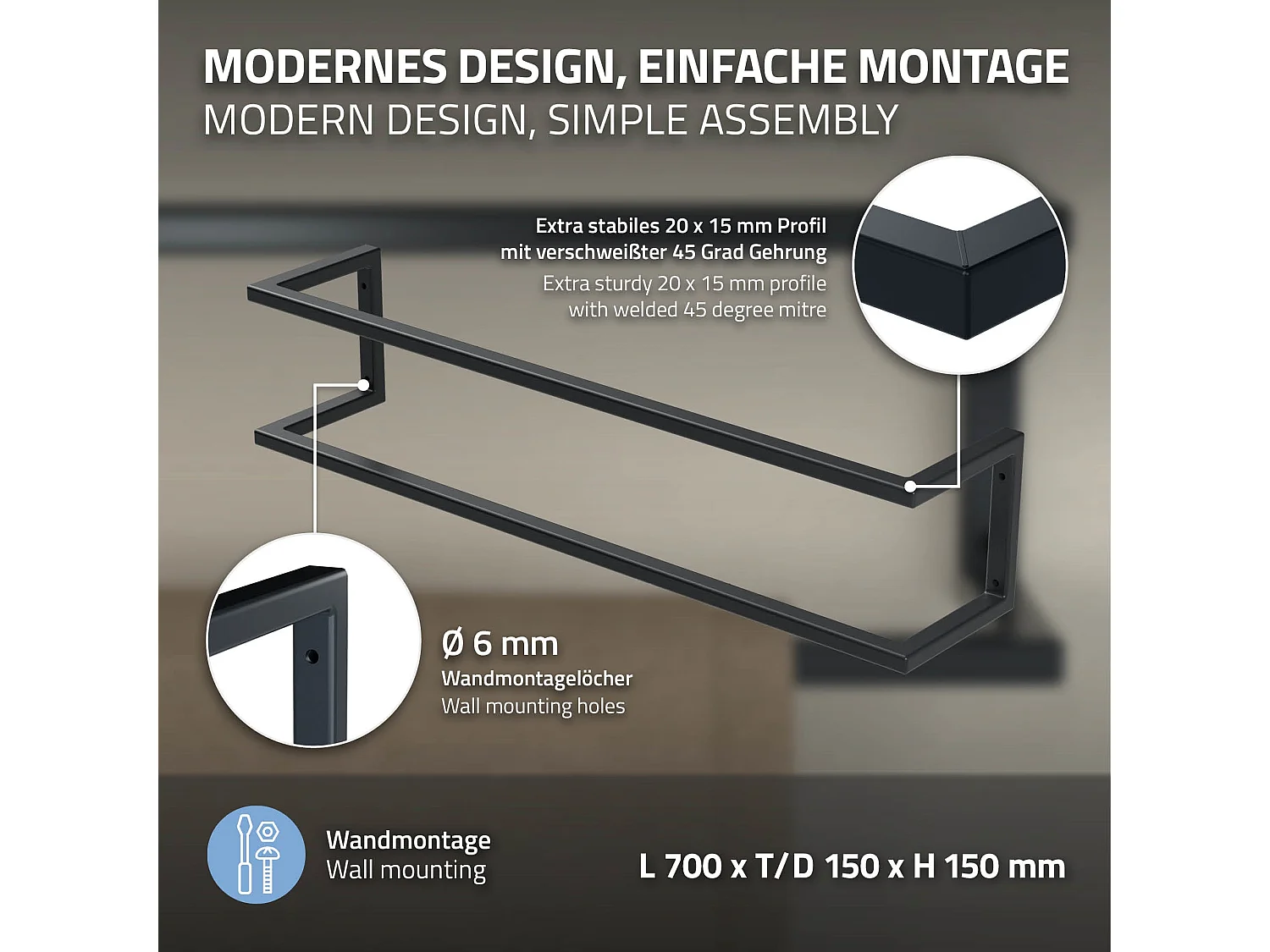 Portasciugamani montaggio a parete supporto asciugamani acciaio antracite 70 cm