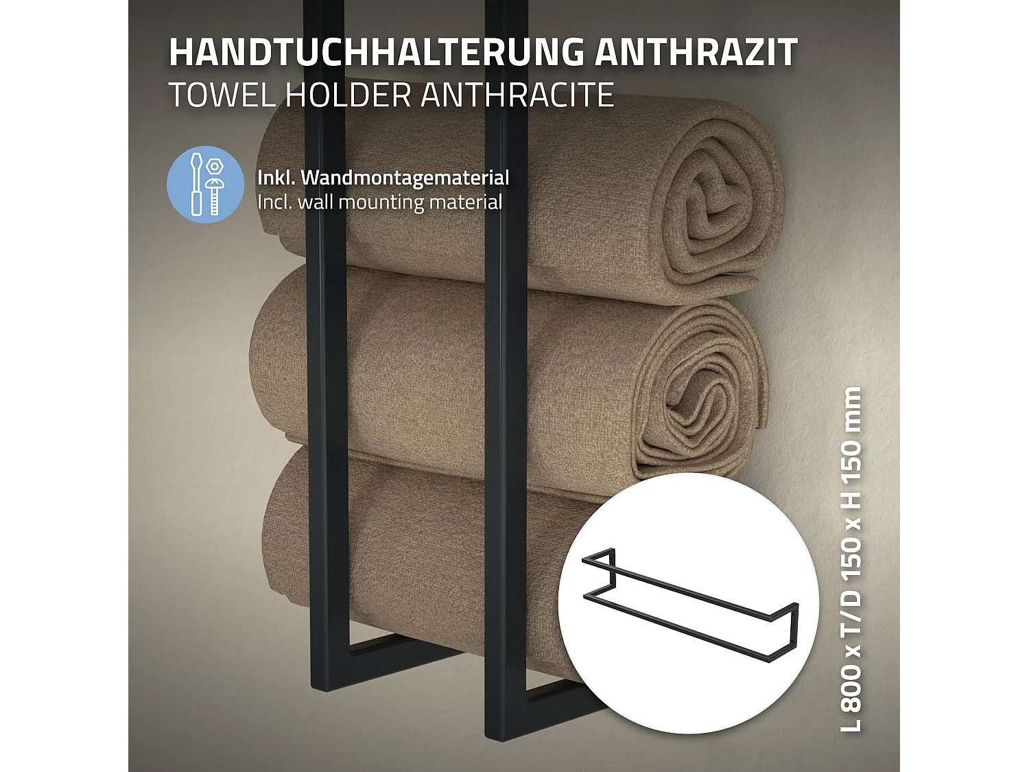 Porte-serviettes support mural salle de bain cuisine 15x15x80cm anthracite acier