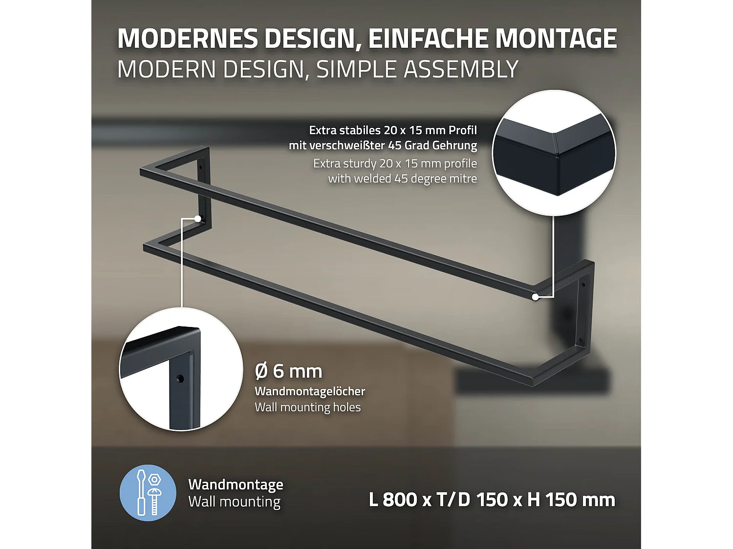 Porte-serviettes support mural salle de bain cuisine 15x15x80cm anthracite acier