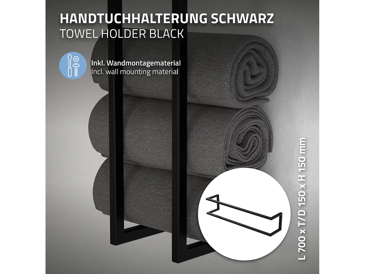 Porte-serviettes support mural pour salle de bain cuisine 15x15x70 cm noir acier