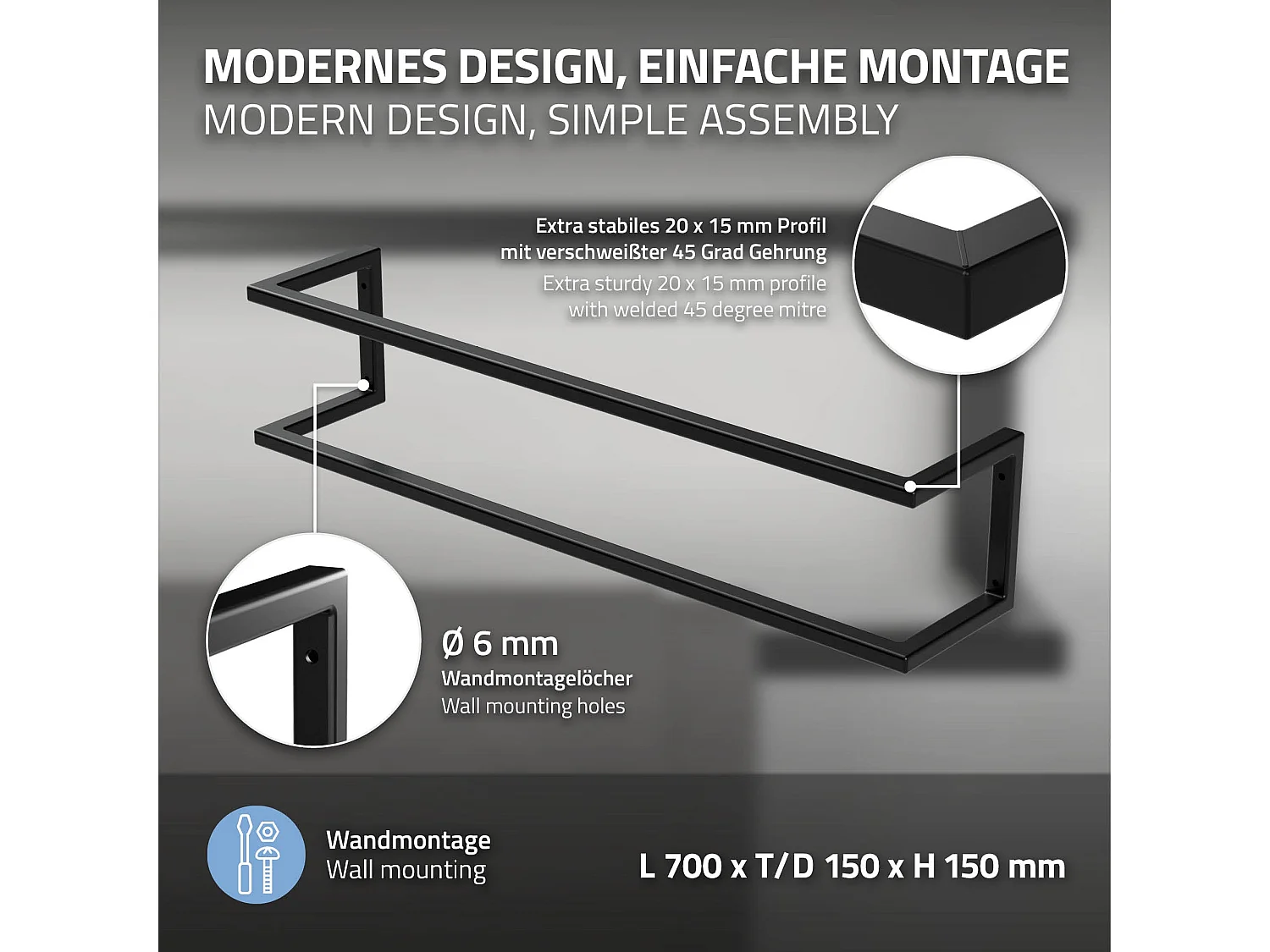 Porte-serviettes support mural pour salle de bain cuisine 15x15x70 cm noir acier