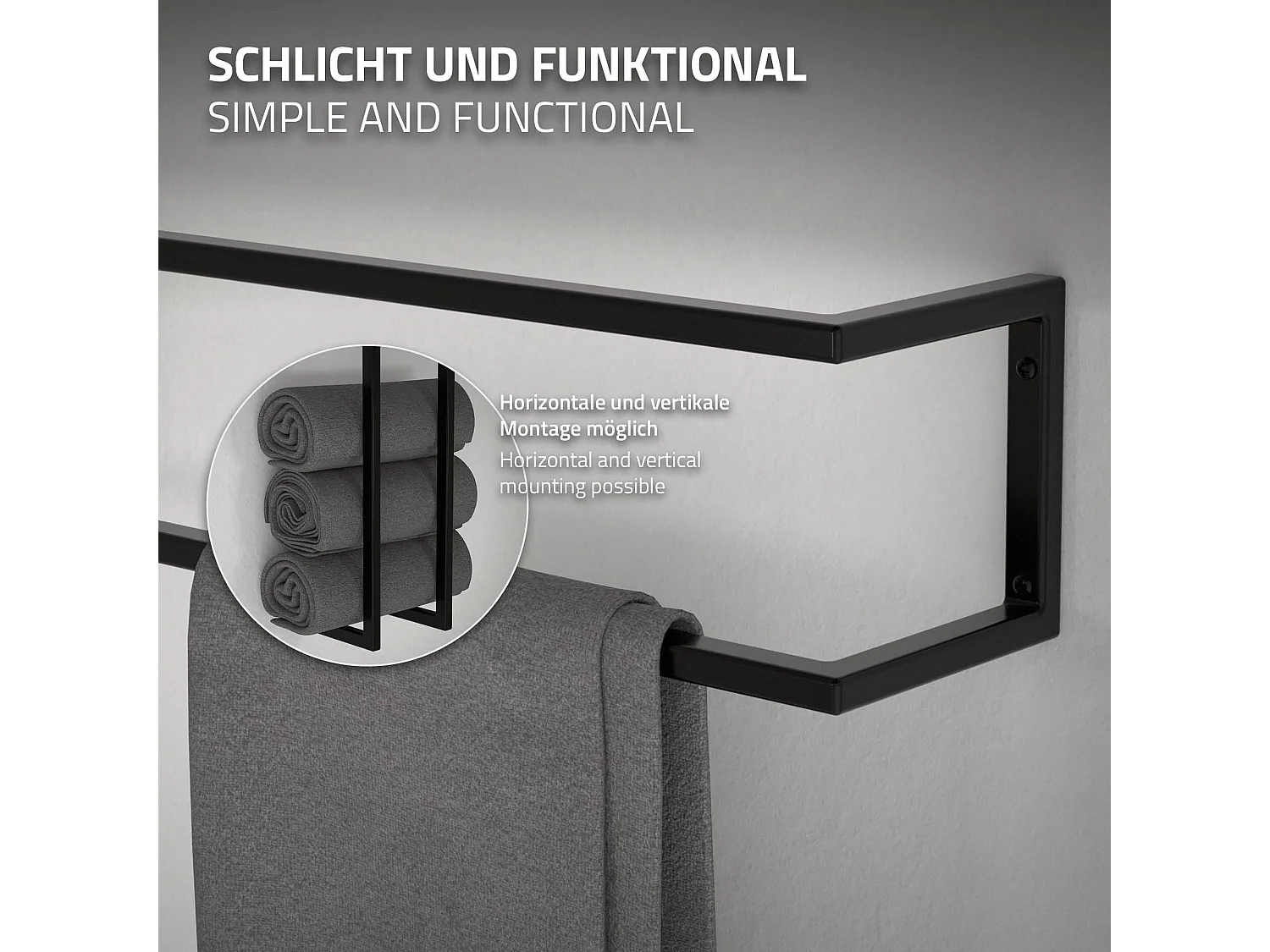 Porte-serviettes support mural pour salle de bain cuisine 15x15x70 cm noir acier