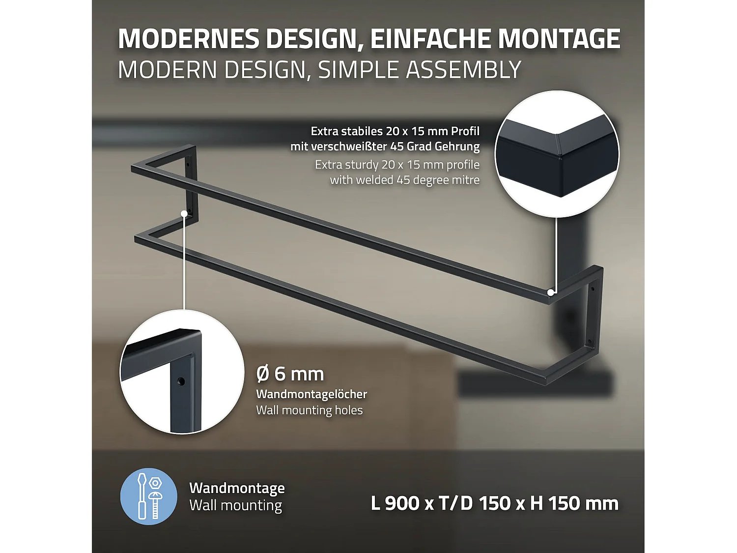 Porte-serviettes support mural salle de bain cuisine 15x15x90cm anthracite acier