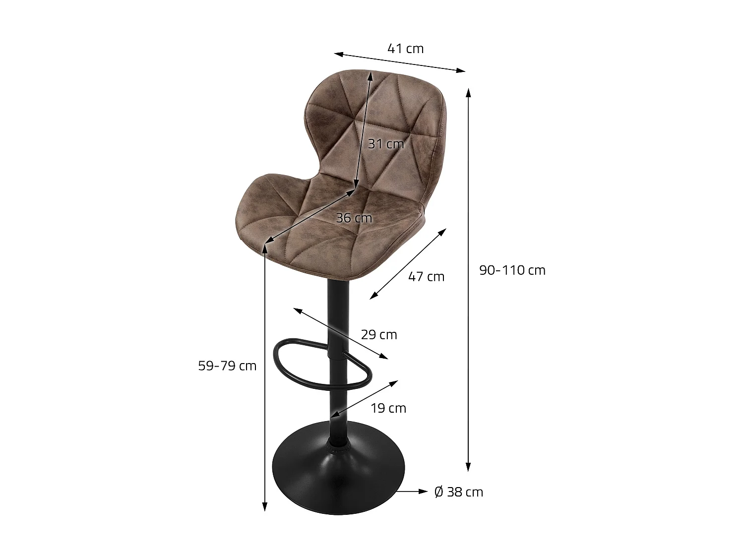 Lot de 4 tabourets de bar rembourrées en simili marron hauteur réglable 59-79 cm