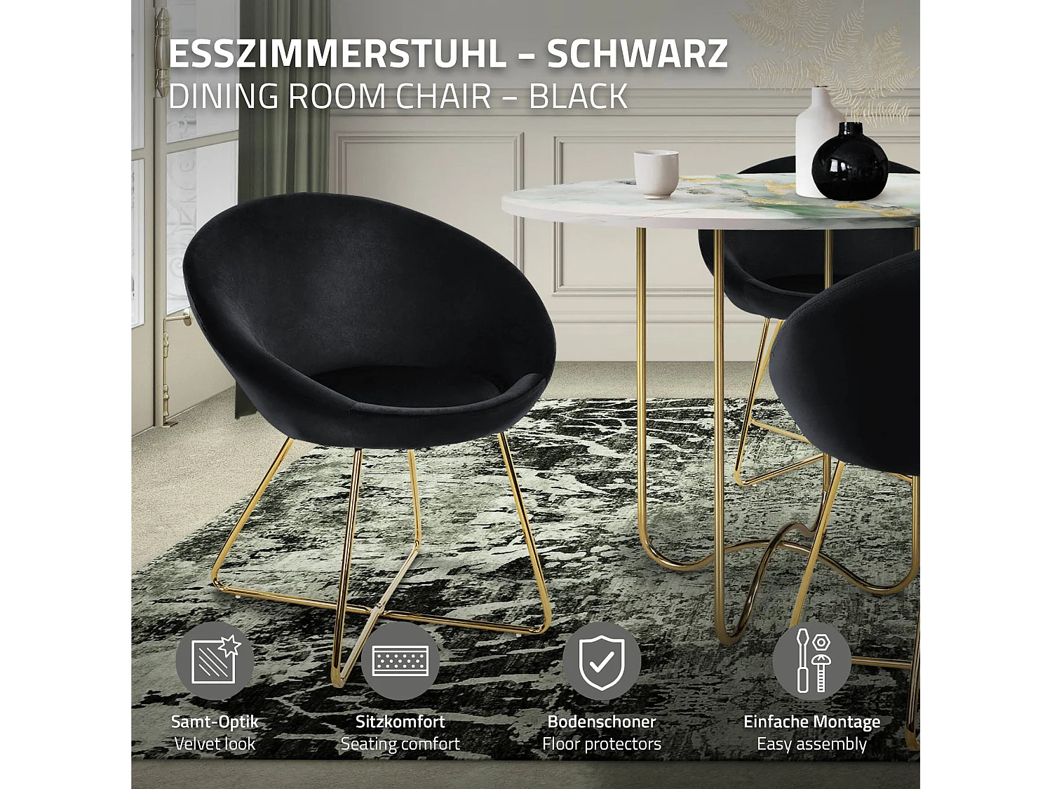 ML-Design 2x Sedia sala da pranzo nero in velluto sedie con schienale rotondo poltroncina imbottita con gambe dorate da cucina per soggiorno salotto