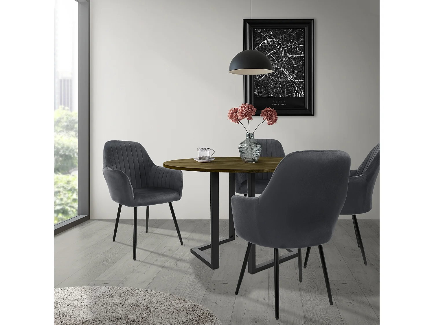 Lot de 6 chaises de salle à manger gris dossier et accoudoirs ergonomiques revêtement en velours respirant piètement noir en acier design élégant