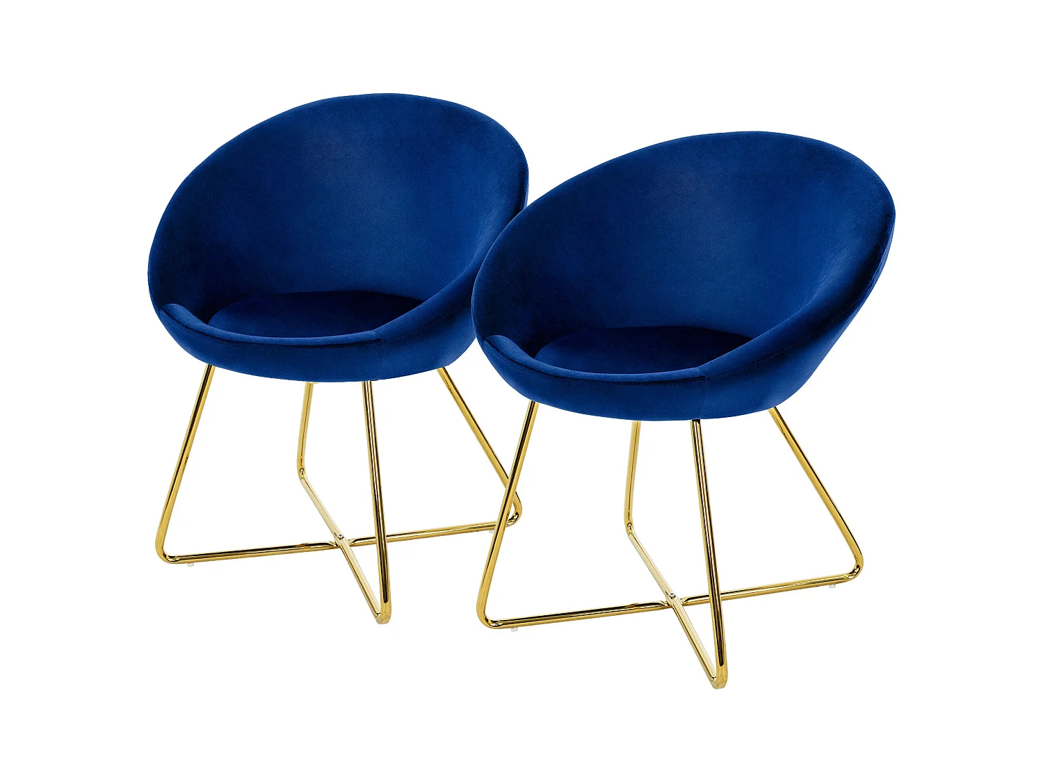 Lot 2 Chaises de salle à manger en velours dossier rond bleu pieds en métal doré