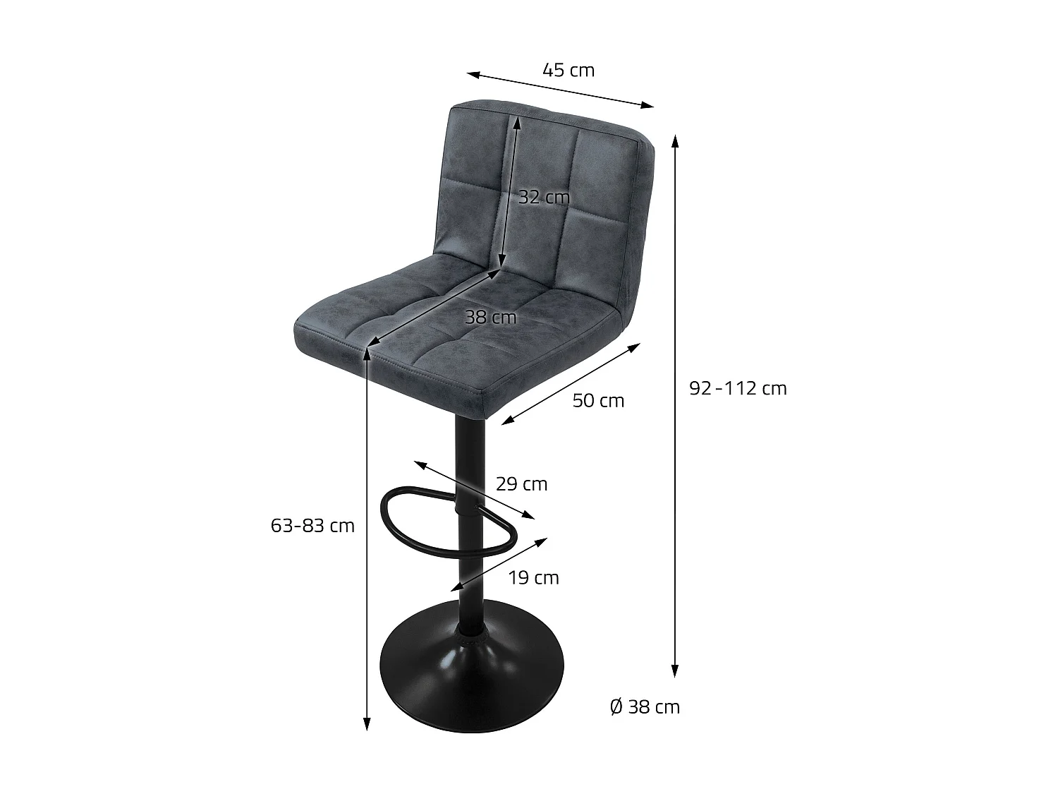 Lot de 4 tabourets de bar rembourrées simili anthracite chaise hauteur réglable