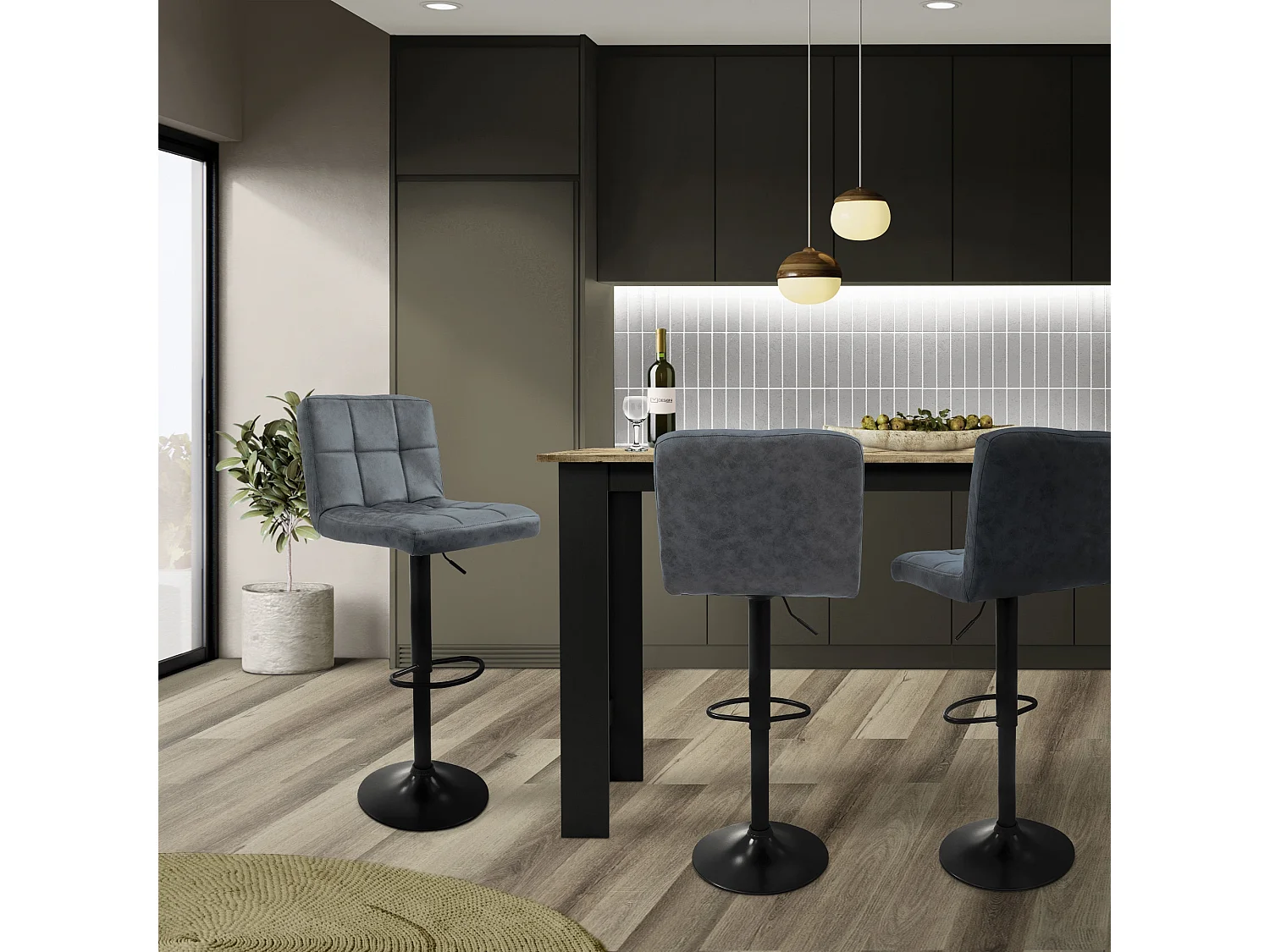 Lot de 4 tabourets de bar rembourrées simili anthracite chaise hauteur réglable