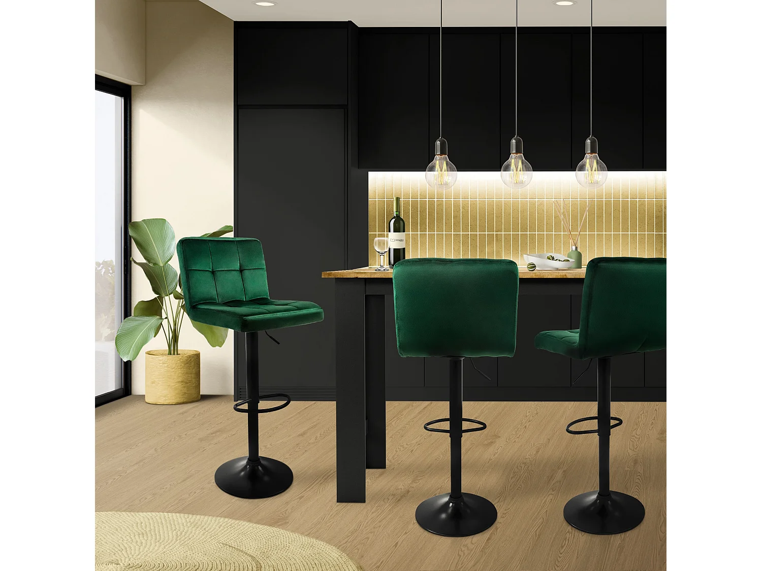 Set 4x taburetes de bar de terciopelo verde silla giratoria 360° con reposapiés