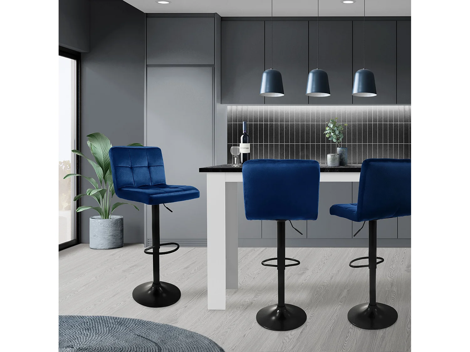 Set 4x taburetes de bar de terciopelo azul silla giratoria 360° con reposapiés