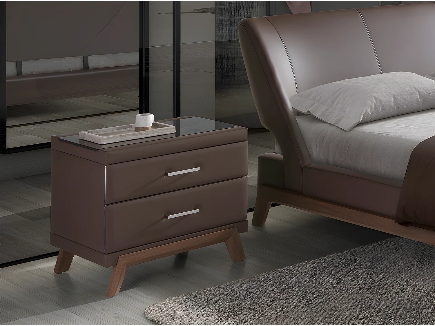 Mesita de noche polipiel y nogal con tapa de cristal negro  7162 ANGEL CERDA