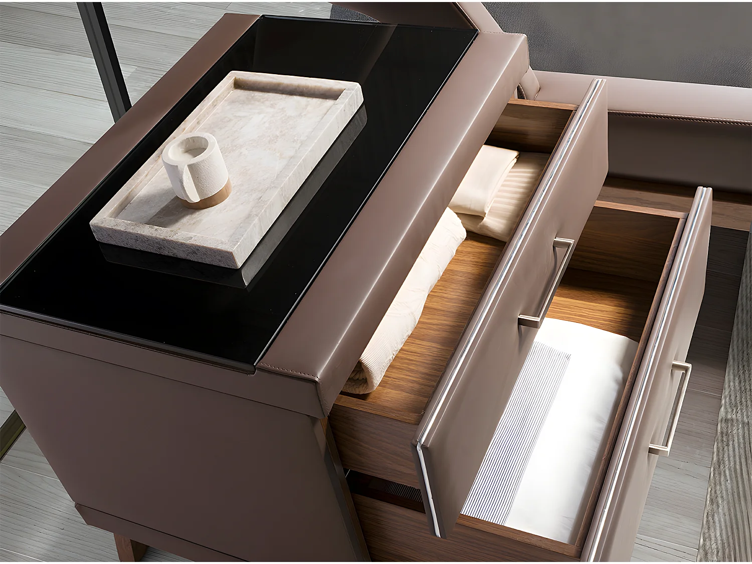 Mesita de noche polipiel y nogal con tapa de cristal negro  7162 ANGEL CERDA