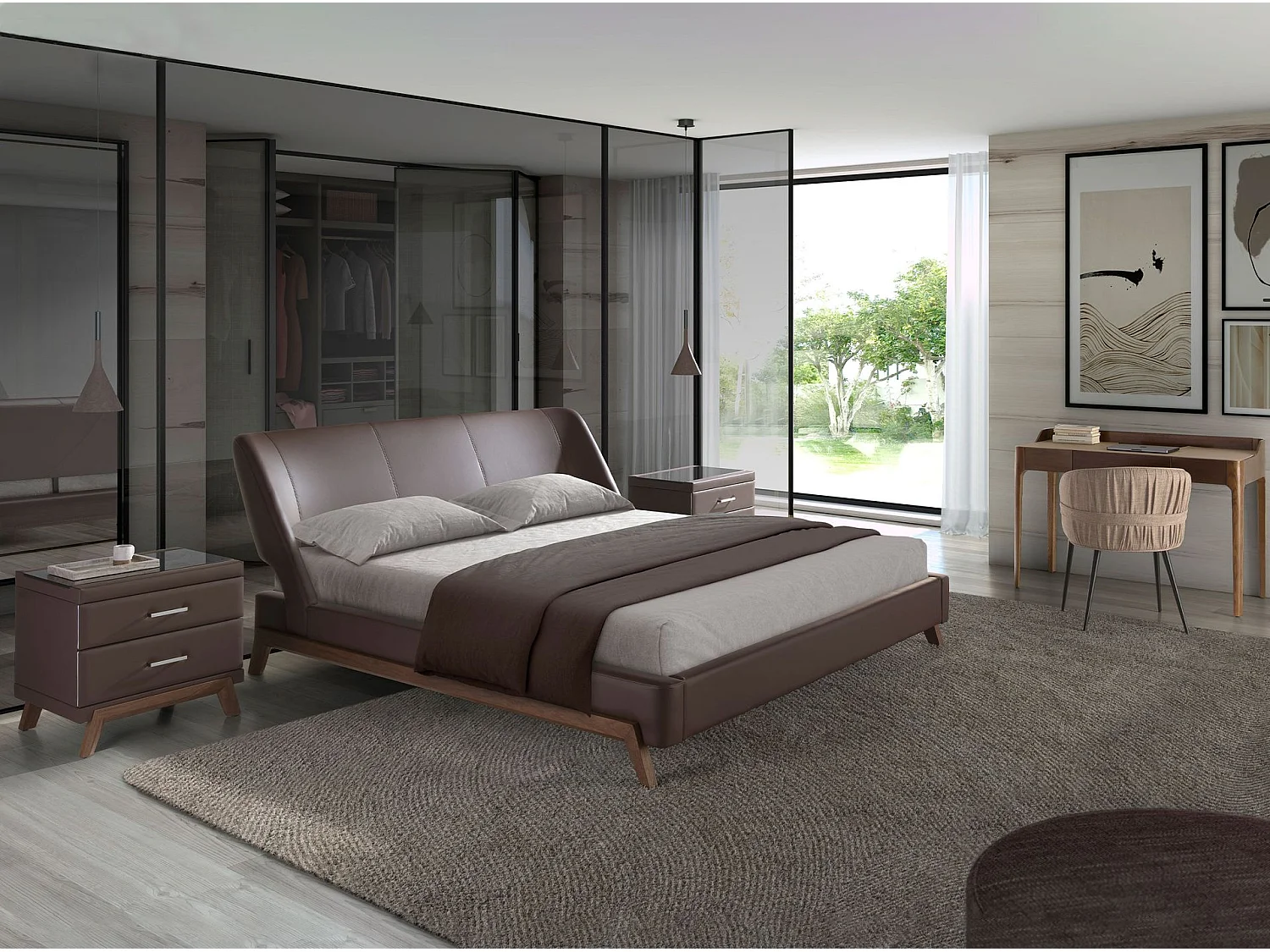 Table de chevet en simili cuir, noyer avec plateau en verre noir 7162 ANGEL CERDA