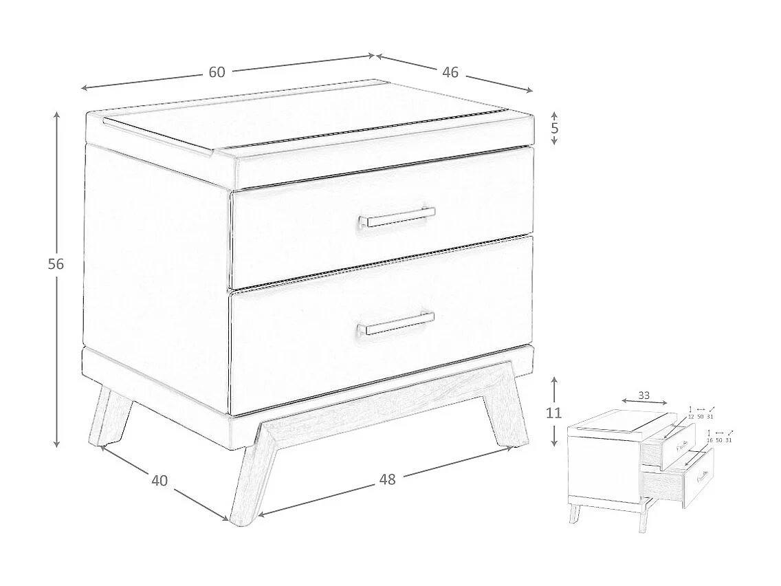 Table de chevet en simili cuir, noyer avec plateau en verre noir 7162 ANGEL CERDA