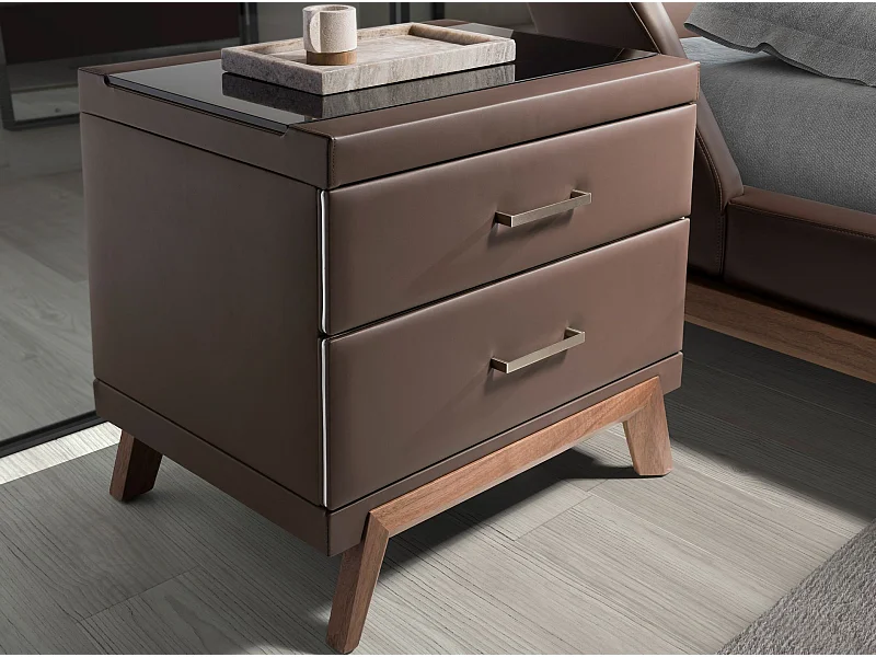 Table de chevet en simili cuir, noyer avec plateau en verre noir 7162 ANGEL CERDA