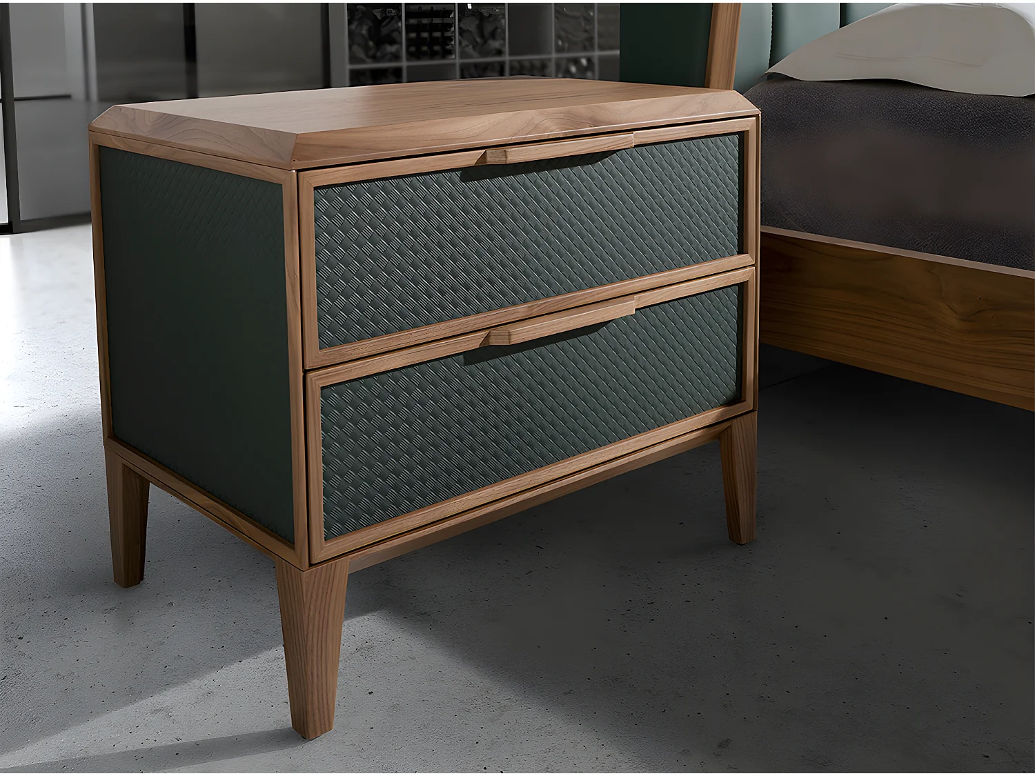 Ciemnozielony stolik nocny z PVC i orzecha włoskiego