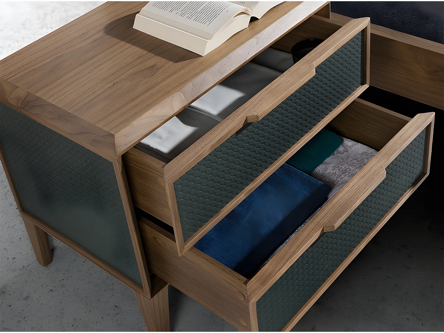 Ciemnozielony stolik nocny z PVC i orzecha włoskiego