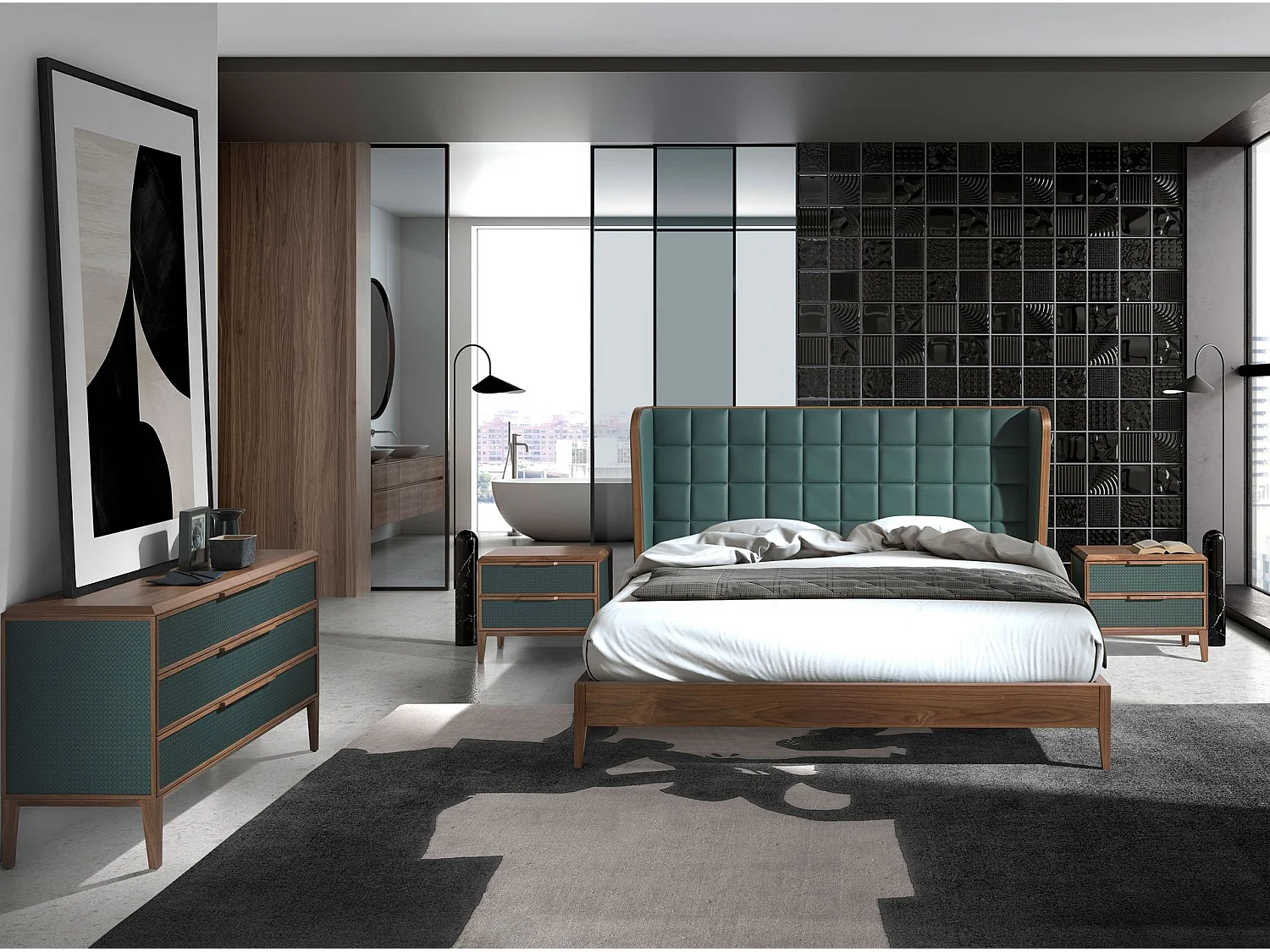 Nachttisch aus dunkelgrünem PVC und Walnussholz 7149 ANGEL CERDA