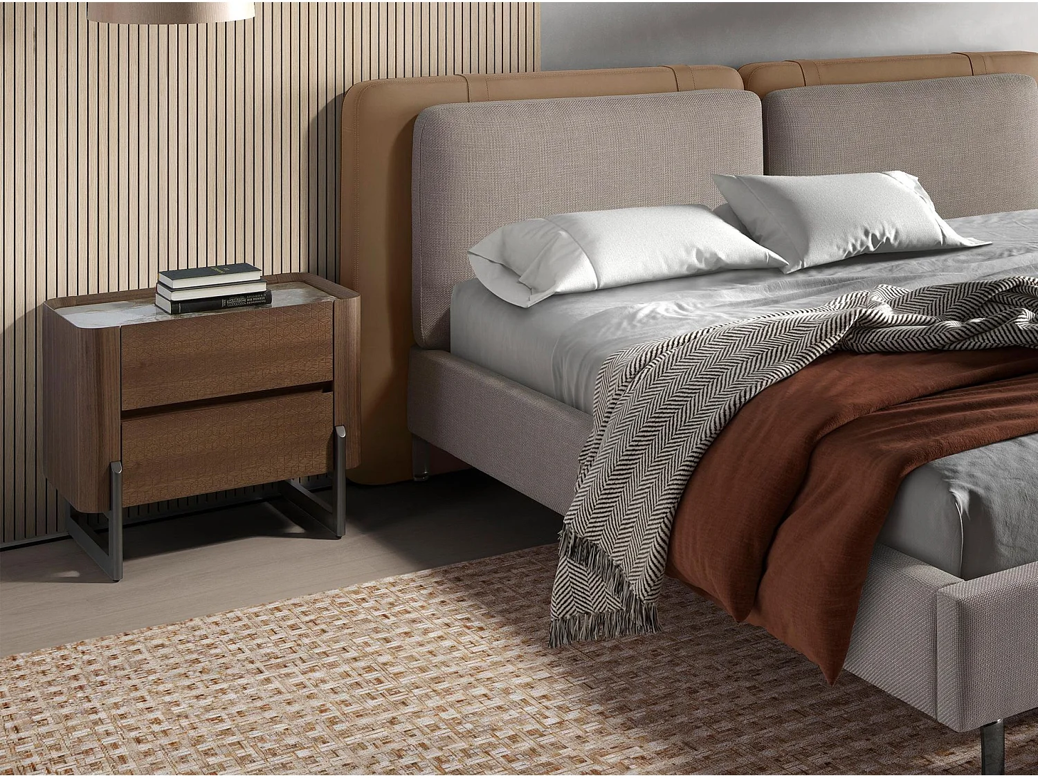 Nachttisch aus Nussbaum und dunklem metallisiertem Stahl mit Platte aus Porzellanmarmor 7152 ANGEL CERDA